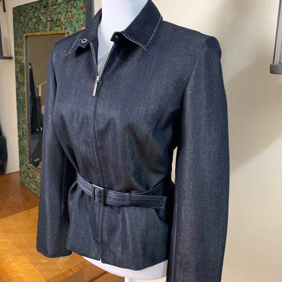 Norton McNaughton Petites Sz 10P Belted Navy Denim-Look Blazer Jacket Full Zip - Picture 2 of 10
